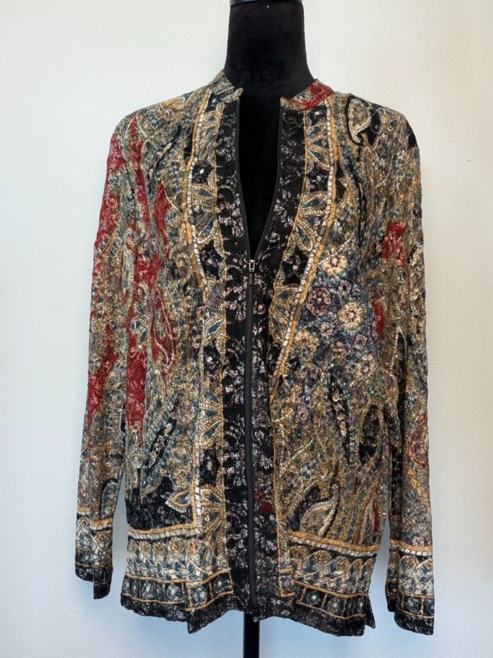 Chico's Sz 2 L Black Gold Metallic Lace Paisley Zip Shacket Shimmer
